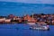 Aerial view of harbor with ships going down the river Bosporus in Istanbul, Turkey