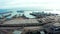 Aerial view of harbor and trucks parked along side in Dover docks, England.