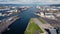 Aerial view of Harland and Wolff and Shipyard Dockyard where RMS Titanic was built Titanic Quarter Belfast Northern Ireland