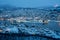 Aerial view of Harstad city the small harbour of Norwegian at twilight in winter season, Norway