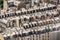 Aerial view of haussmanian buildings, traditional zinc roofs and chimneys in Paris France