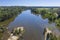 Aerial view of the Hawkesbury River and farmland in regional New South Wales in Australia