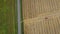 Aerial view of haymaking processed into round bales. Red tractor works in the field. On the side of the field is the