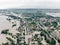 Aerial view of the heavily flooded village. The flood on the Dniester River caused a natural disaster