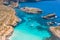 Aerial view from the height of the heavenly Blue Lagoon on the island of Comino Malta