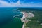 Aerial view of Hel Peninsula in Poland, Baltic Sea and Puck Bay Zatoka Pucka Photo made by drone from above