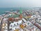 Aerial view of Helsingor city and Sankt Olai church of winter, Denmark