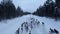 Aerial view of herd of reindeer, which ran on snow in Norway road