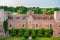Aerial view of Herstmonceux garden, East Sussex, England. Brick Herstmonceux castle in England East Sussex 15th century. View of