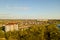 Aerial view of high residential apartment building in green rural area in Ivano-Frankivsk city, Ukraine