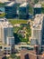 Aerial view of high rise buildings and city neighborhood