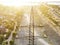 Aerial view of high voltage electric power lines pylon tower d