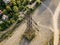 Aerial view of high voltage electric power lines pylon tower d