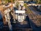 Aerial view of a high voltage power distribution substation. Electricity power substation plant. Transformer