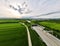 Aerial view of Highway with ecoduct bridge overpass for wild animals and pedestrians