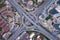 Aerial view of highway junctions with roundabout. Bridge roads shape circle in structure of architecture and transportation