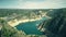 Aerial view of higway and railway bridges in mountainous area of Spain