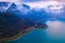 An aerial view of the hill lake in the Alps, Austria