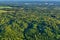 Aerial view of hills covered by endless massive forest crossed by power transmission lines. Texture of isolated forest