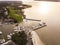 Aerial view of Hilton Head with lighthouse, beach, and golf course