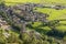 Aerial view of the historic center of Burgusio and the Prince`s Castle, Val Venosta, South Tyrol, Italy