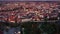 Aerial view of historic center of Ceske Budejovice overlooking large Ottokar II Square at twilight, South Bohemia Region