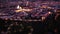 Aerial view of historic center of Ceske Budejovice overlooking large Ottokar II Square at twilight, South Bohemia Region