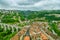 Aerial view on historic center of Fribourg, Switzerland during cloudy and rainy day