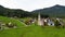 Aerial view of historic church in scenic Gosau village in Austria