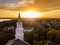 Aerial view of historic church steeple and sunset in Beaufort, S