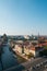 Aerial view on historic city district Nikolaiviertel, river Sp