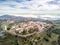 Aerial view of historic Monsaraz and lake on Guadiana river, Ale