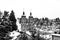 Aerial view of historical buildings covered in snow in winter. Cathedral in St Gallen, Switzerland. Black and white