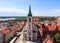 Aerial view of historical buildings of medieval town Torun, Poland. August 2019