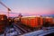 Aerial view of historical buildings in Uppsala, Sweden at sunrise. Night road