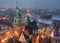 Aerial view of the historical center of Krakow, church, Wawel Royal Castle at night