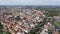 Aerial view of historical centre of Plzen in autumn day overlooking Gothic spire of medieval Cathedral