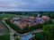 Aerial view of historical horse stables and hippodrome in Starozhilovo, Ryazan region