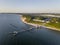 Aerial view of historical pier and the resort of Sellin on Ruegen island at sunrise