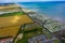 Aerial View of holiday trailer homes along the beach in Hornsea Town