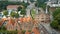 Aerial view of Holsten Gate or Holstentor and Salzspeicher warehouses in old town, beautiful architecture, sunny day, Lubeck,