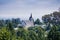 Aerial view of the Holy Cross Catholic Church in Santa Cruz from the trails of Pogonip Open Space Preserve, California