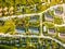 Aerial view of homes in a  residential community.  Subdivision in an upscale area. ecological living in a natural environment with