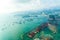 Aerial view of the Hong Kong bay with many ships and tankers