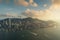 Aerial view of Hong Kong skyline and Victoria Harbor during suns