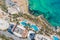 Aerial view of the hotel building swimming pools, sandy beach, resort coast on the Mediterranean coast