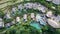 Aerial view hotel Resort in Ubud is one of the luxury resorts in Ubud. Top down view to hotel resort in jungle near to