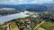 Aerial view of the houses near Lake Orfu  in Hungary on a cloudy day background