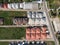 Aerial view of a Housing Estate village landscape by drone.residential roofs architecture decoration.Urban aerial houses building