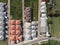 Aerial view of a Housing Estate village landscape by drone.residential roofs architecture decoration.Urban aerial houses building